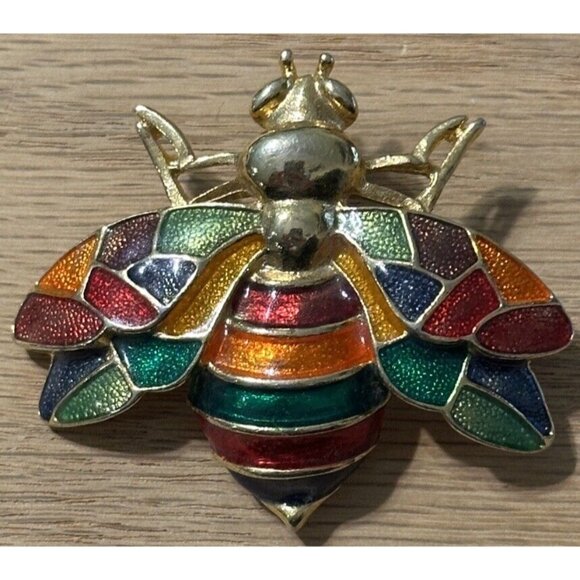 Don-Lin Gold Tone Enamel Bee Wasp Fly Insect Brooch Pin Signed Colorful - Picture 2 of 9